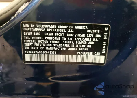 2018 Volkswagen Passat S from USA, damaged, VIN 1VWAA7A35JC043376